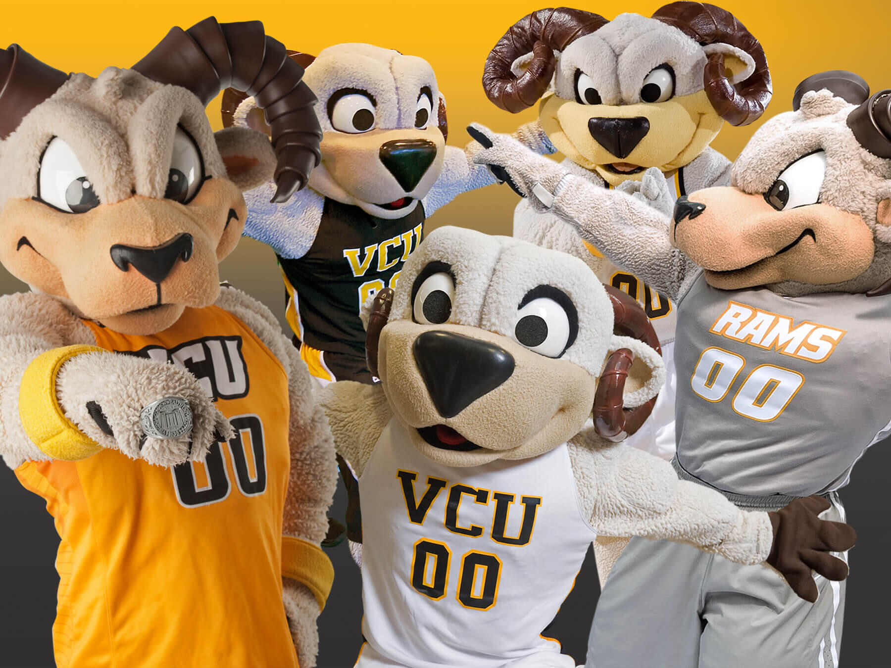 Five Rodney the Ram mascot costumes 