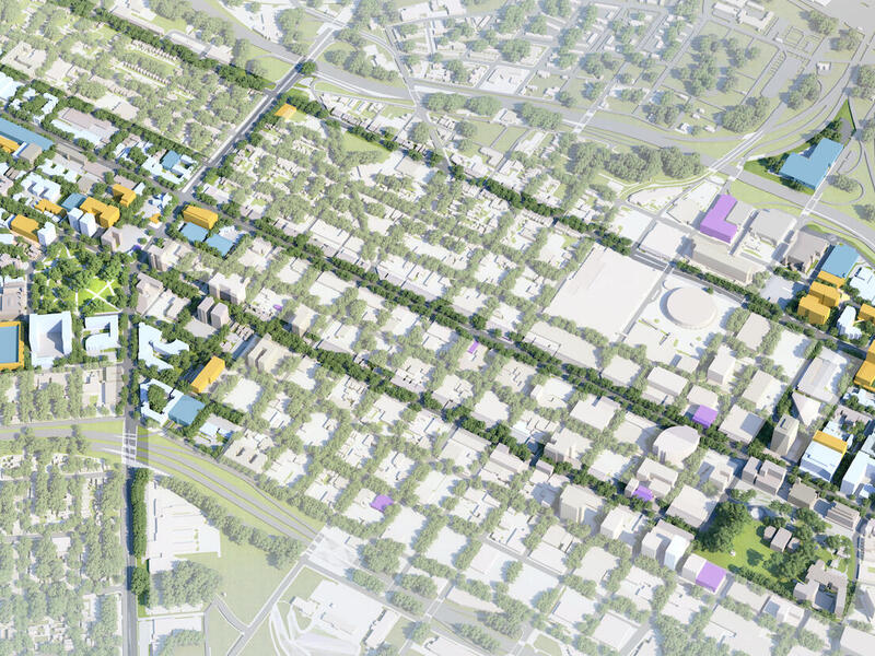 An overhead view of the ONE VCU Master Plan. New construction and renovation projects are in gold.