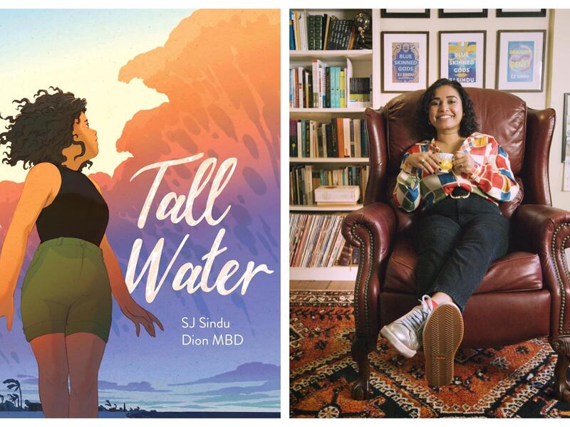 A book cover next to a photo of a woman sitting in a chair. 