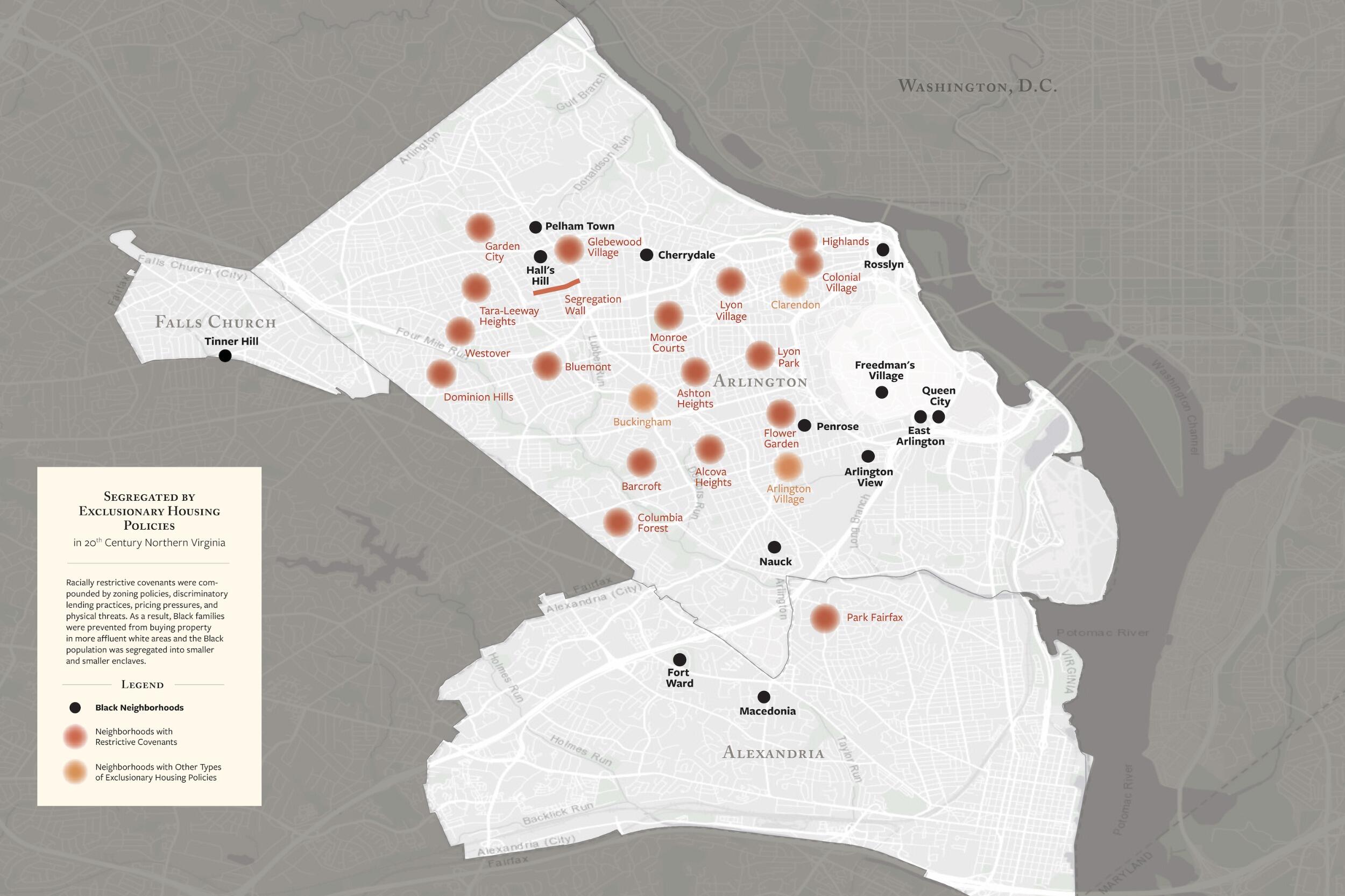 A map showing the implementation of exclusionary housing policies in Northern Virginia, where racially restrictive covenants were compounded by zoning policies and discriminatory lending practices that prevented Black families from buying property in more affluent white areas.