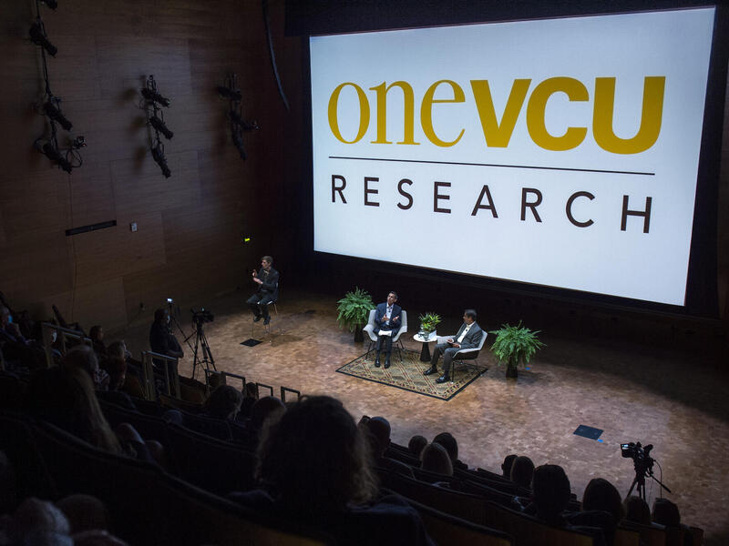 VCU President Michael Rao, left, and P. Srirama Rao, vice president for research and innovation, discuss VCU's new research strategic plan on Oct. 20 at the Institute for Contemporary Art.