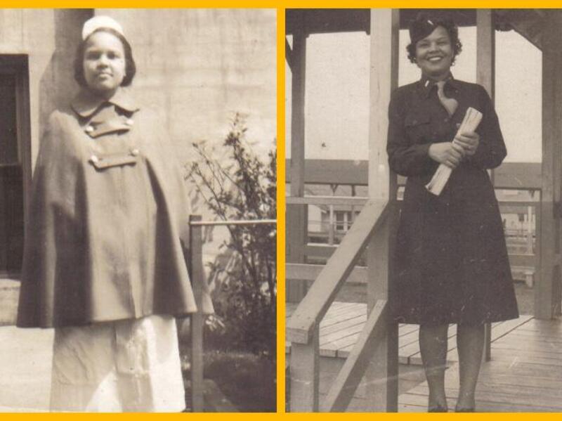 Two black and white photos of a woman. 