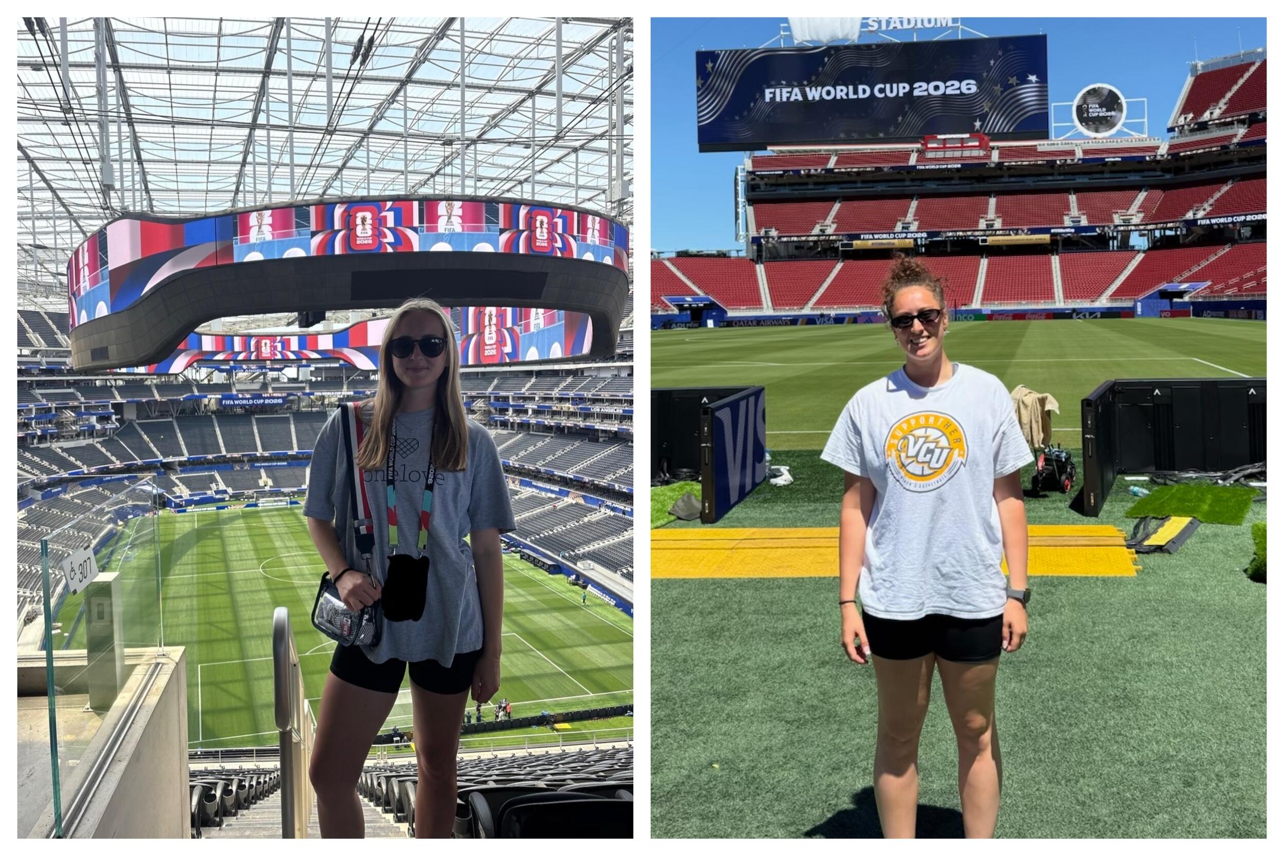 Two photos of women standing in two different soccer fields. 