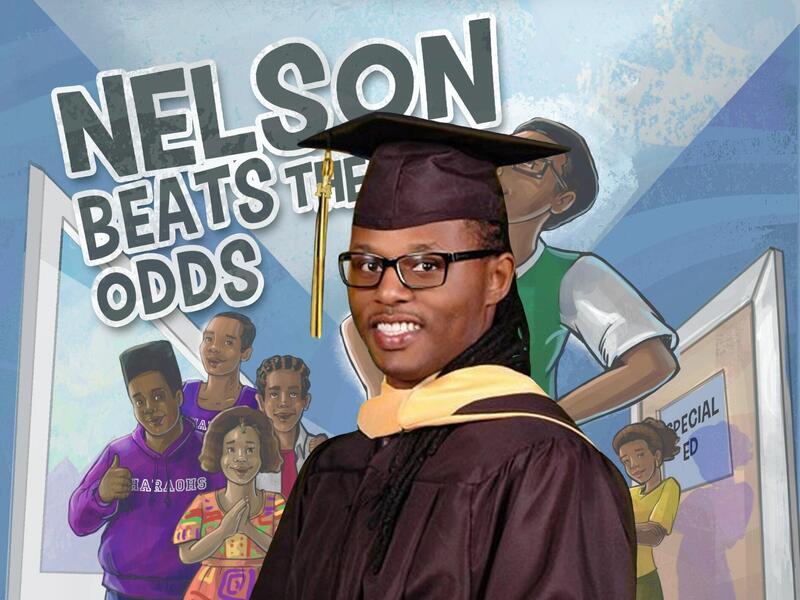 A photo of a man in a graduation cap and gown in front of an illustration of several children standing in a hallway. 