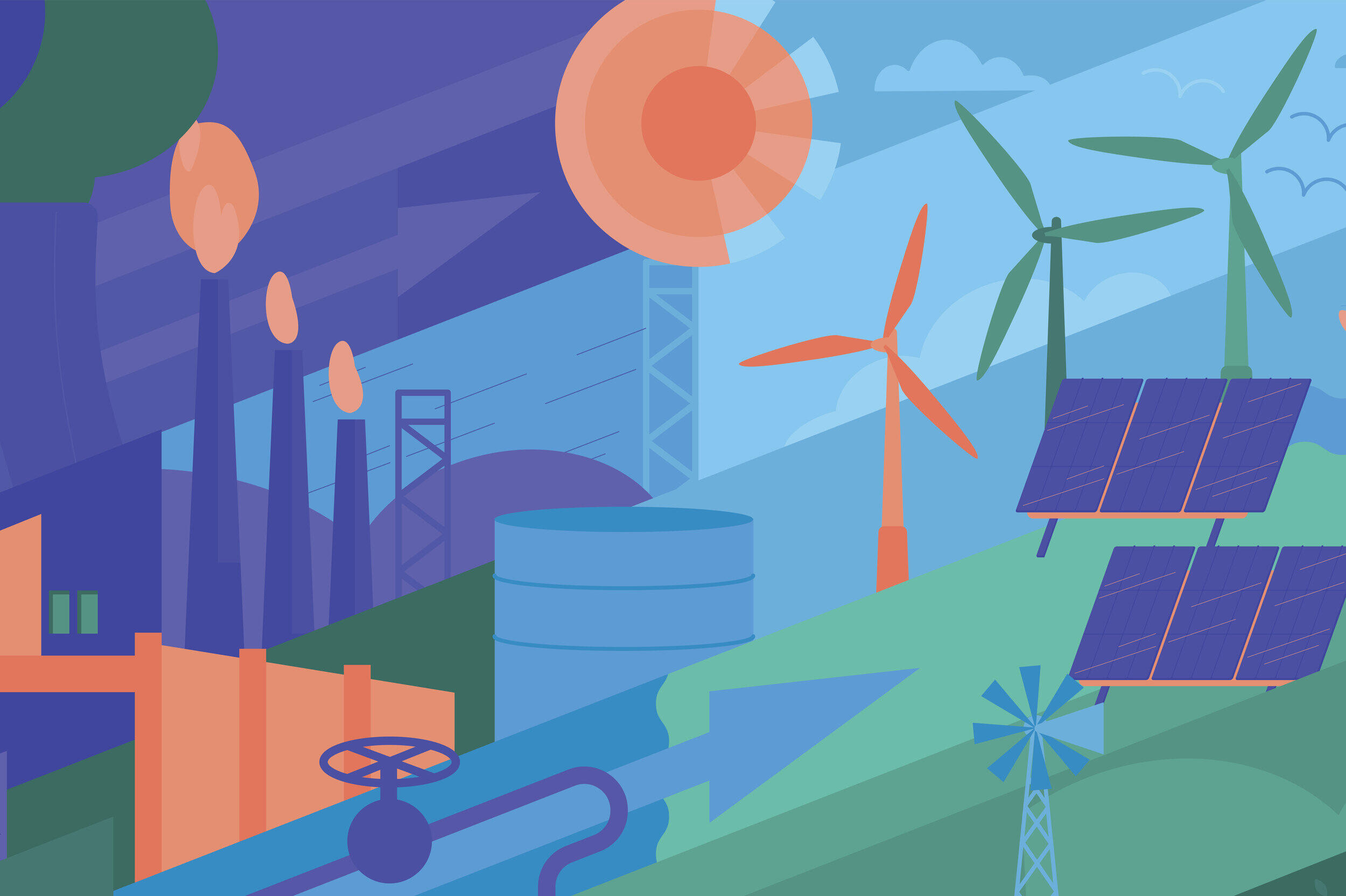 An illustration shows various power-related images, such as a gasline, windmill, solar panels and wind turbines.