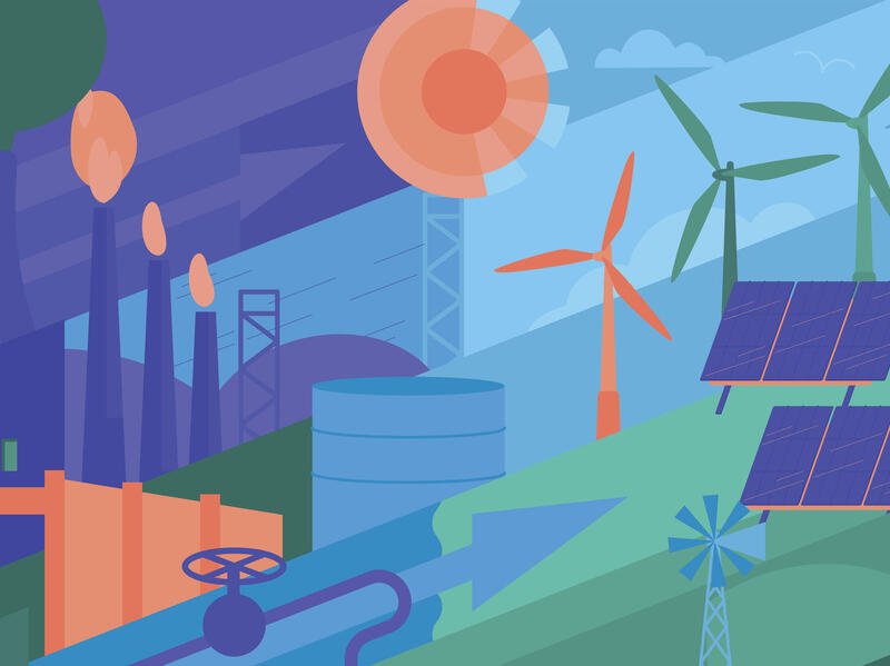 An illustration shows various power-related images, such as a gasline, windmill, solar panels and wind turbines.