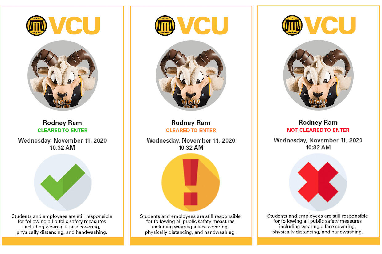 Depictions of three Entry Pass screens for Rodney the Ram indicating a particular status. 
