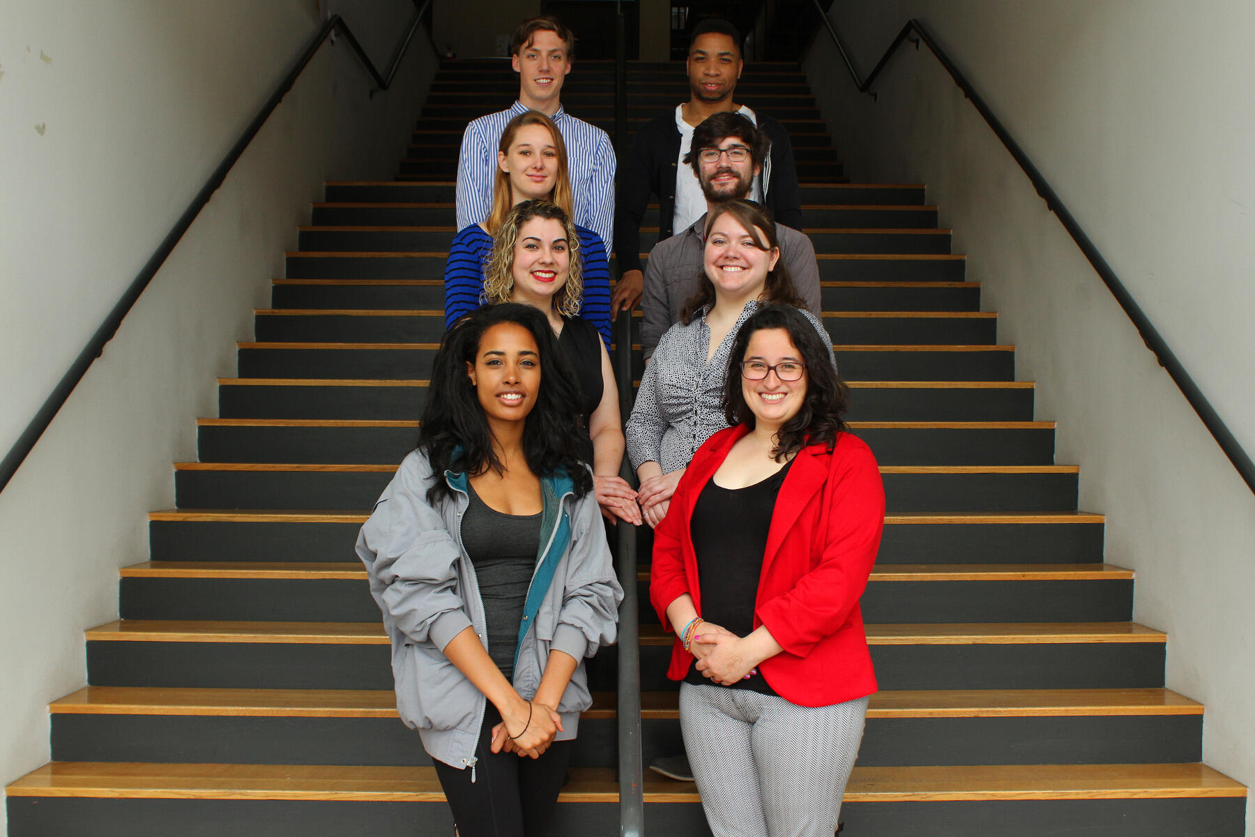 At left are Maya Chesley, Ellen Korcovelos, Erin Coggins and Charlie Perris. At right are Vanessa Diaz, Lynn Secondo, Dylan Halpern and Levester Williams.
<br>Photo by Pat Kane/University Public Affairs
