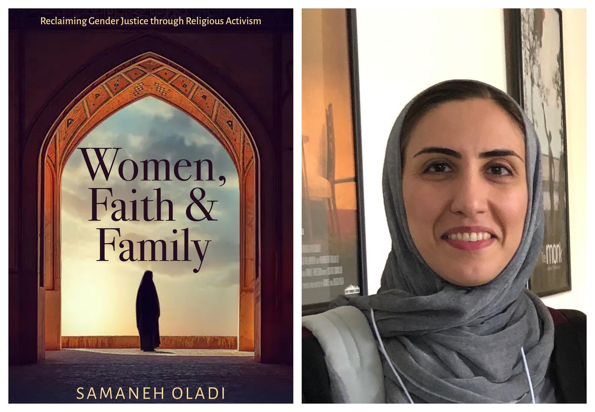 A photo of a book cover next to a photo of a woman wearing a head scarf. 