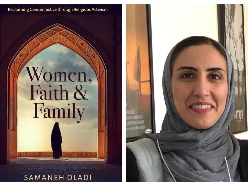 A photo of a book cover next to a photo of a woman wearing a head scarf. 