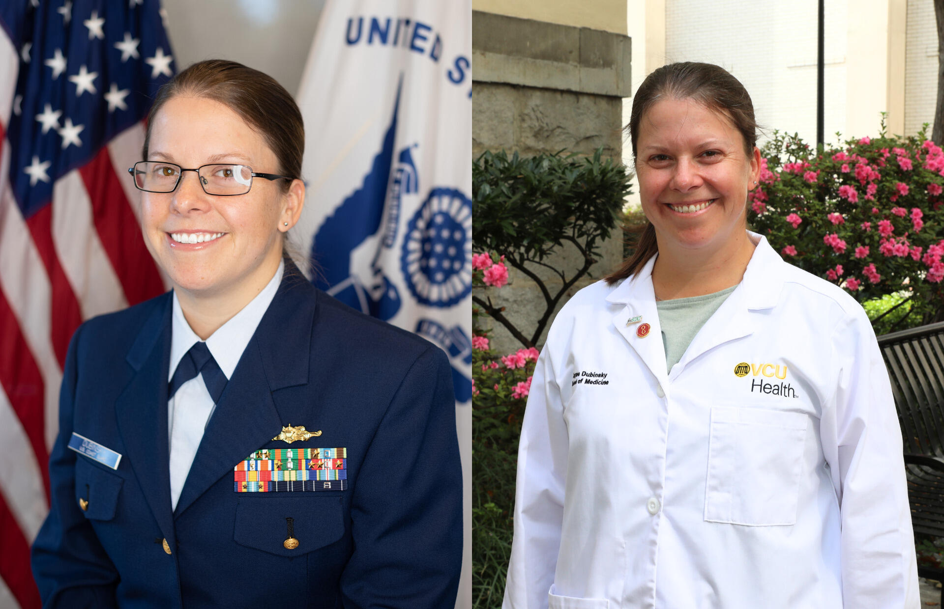 Two photos of the same woman side by side. On the left she is wearing a military uniform and on the right she is wearing a white medical coat. 