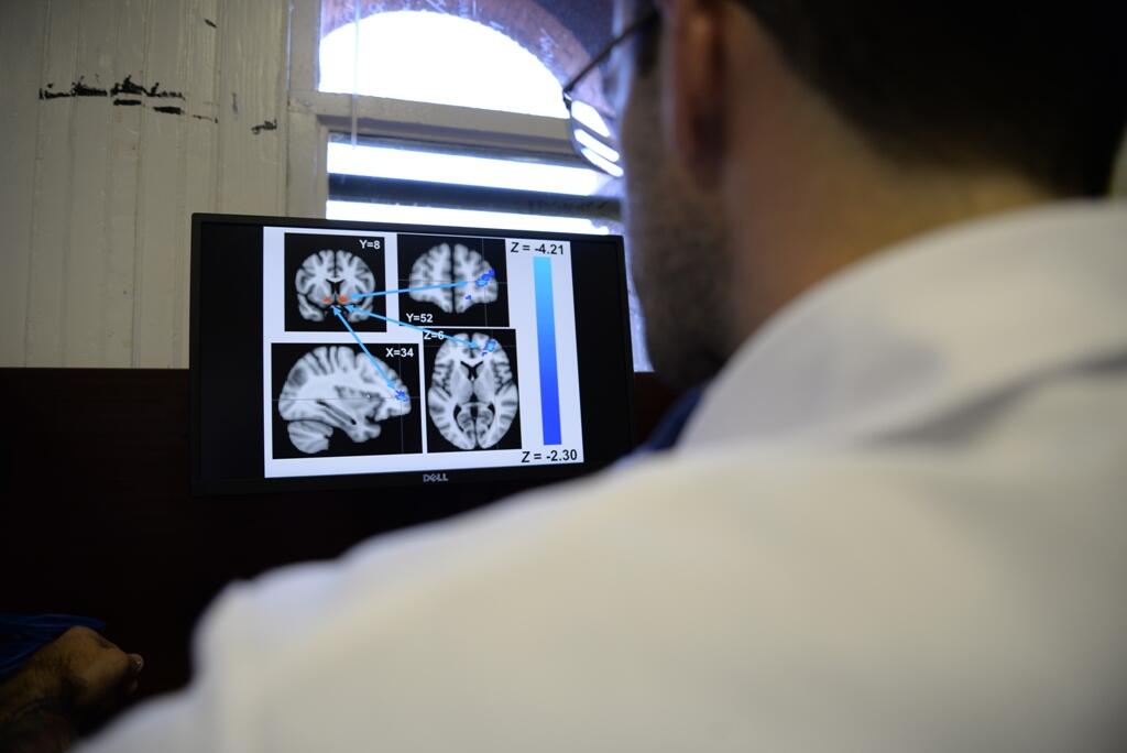 Doctoral student Sam West looks at brain images in the Social Psychology and Neuroscience Lab.