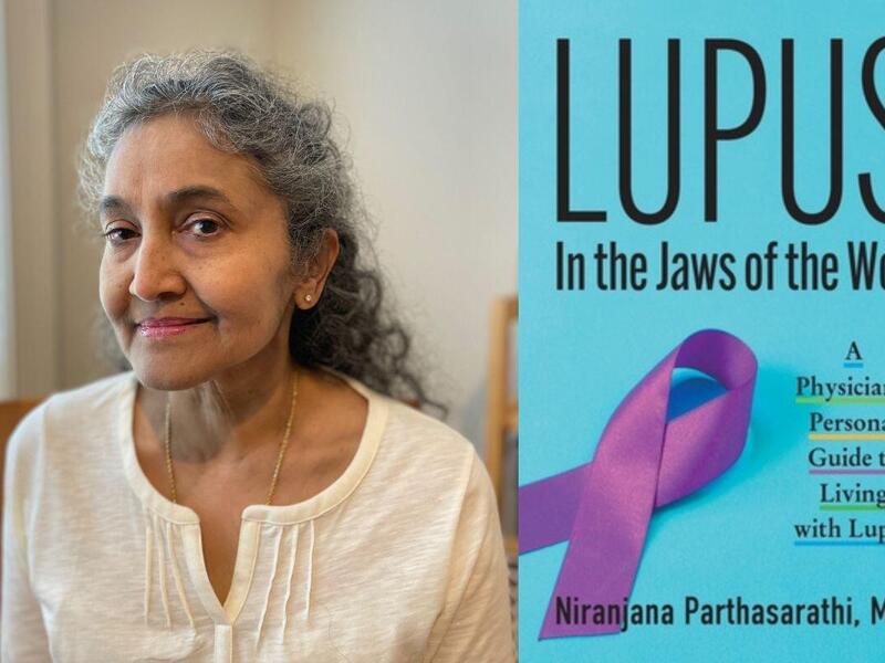 A photo of a woman from the chest up next to a blooks with the title \"Lupus In the Jawas of the Wolf A Physician's Personal Guide to Living with Lupus.\"