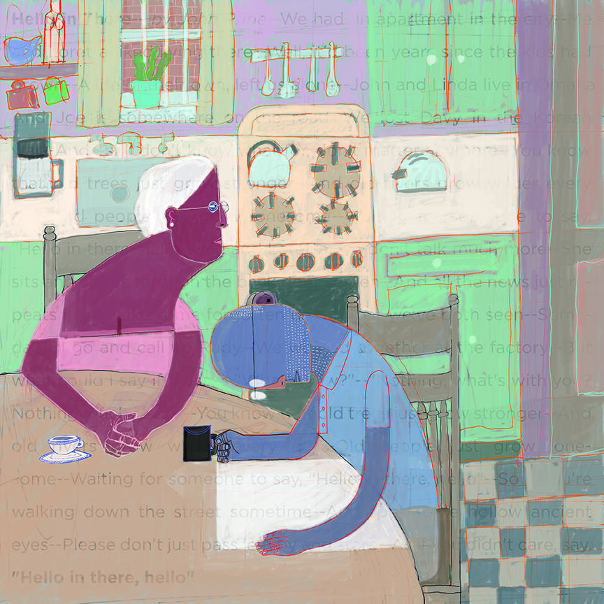 An illustration of a magenta woman looking to the right and a blue man looking down at a newspaper while sitting at a kitchen table. 