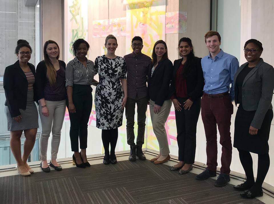 Gretchen Neigh, Ph.D., and her VCU lab team pose for a photo together: From left, Ph.D. candidate Maria Alexis Bent, medical student and VCU alumna Laurel Kovalchik, Ph.D. candidate Gladys Shaw, postdoctoral fellow Molly Hyer, Ph.D., lab technician and incoming master's student Samya Dyer, associate professor and lab director Neigh, VCU alumna Deepika Murkhara, master's student Paul Howell, M.D.-Ph.D. student Susie Turkson. (Courtesy of Gretchen Neigh)