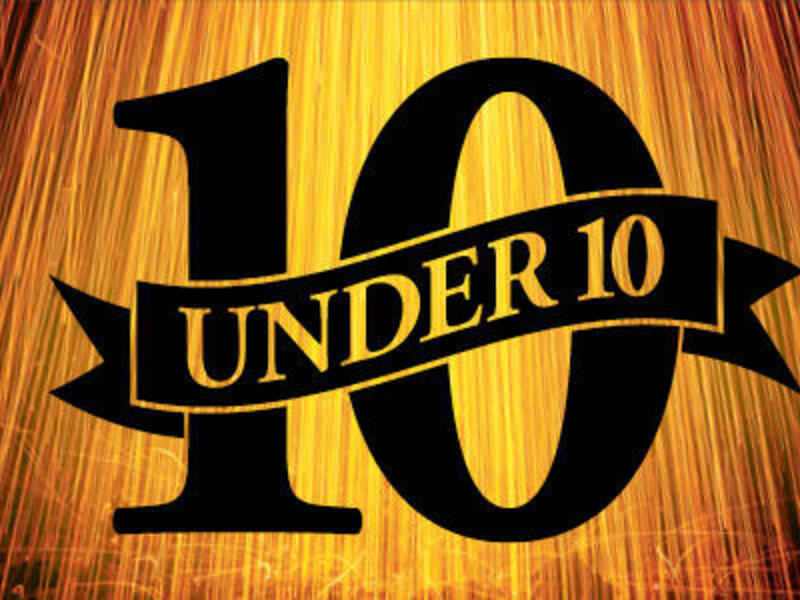 A gold graphic with black letters that says \"10 under 10\"