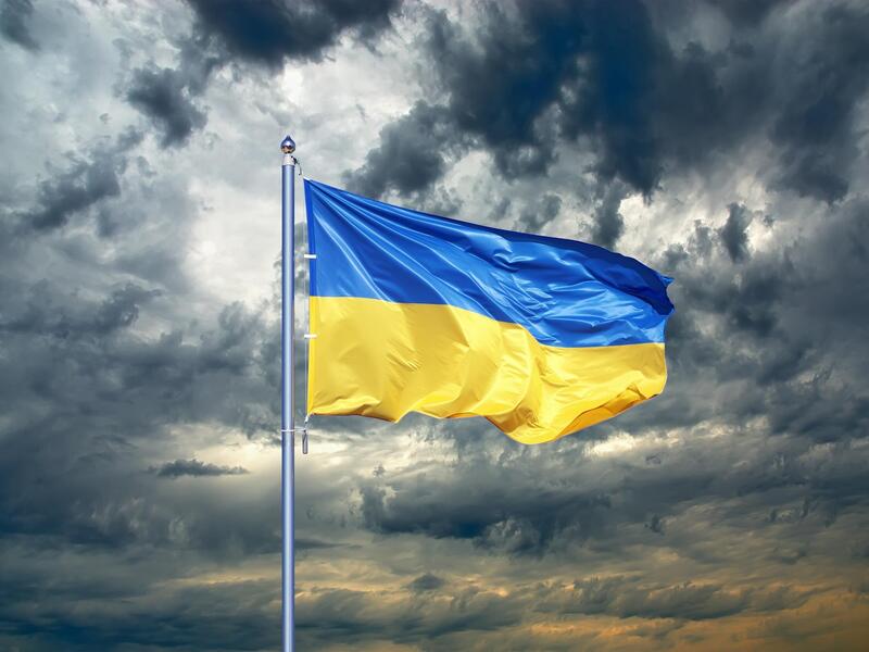 A ukrainian flag flying against a cloudy sky