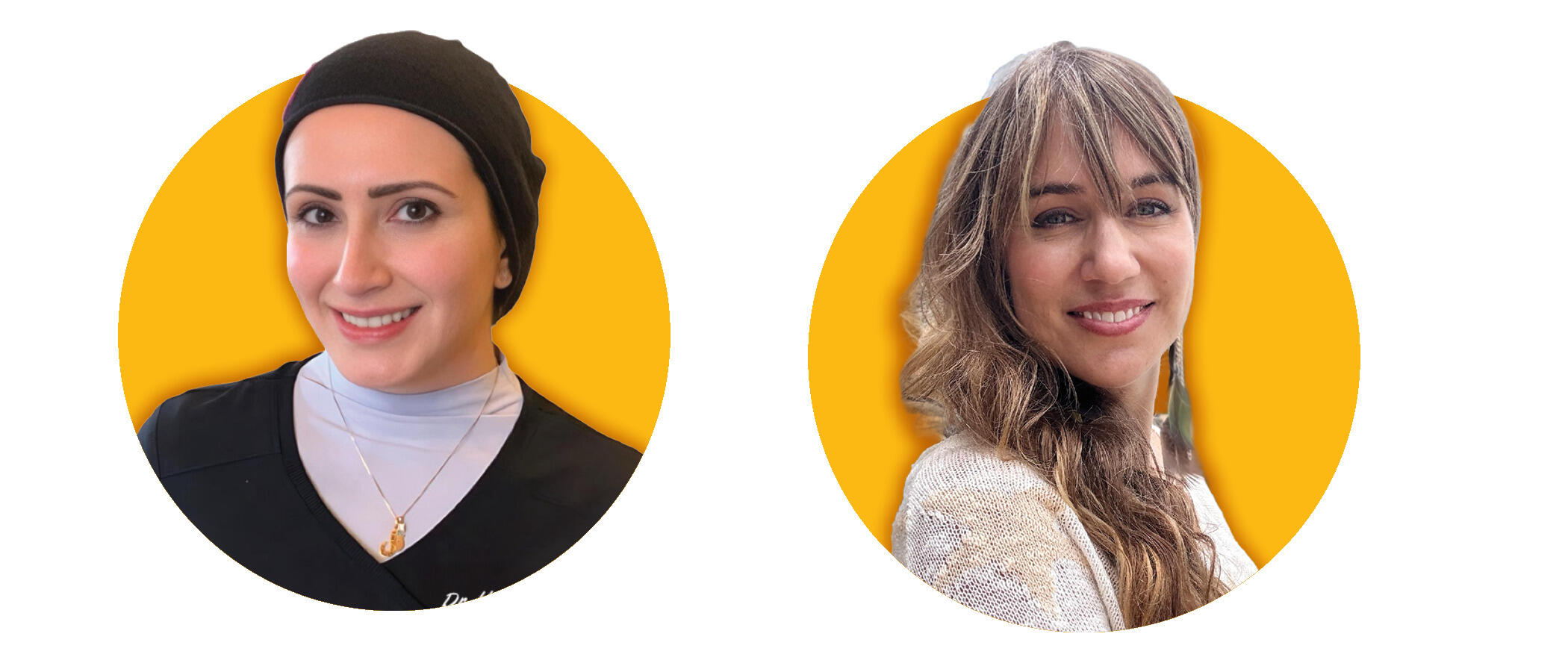 Two photos of women from the shoulders up. Both women have a yellow circle around them. 
