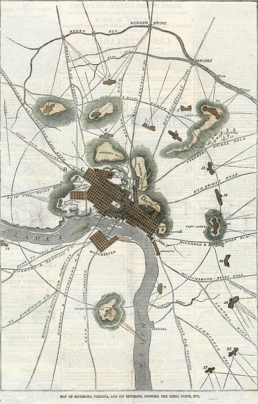 Map of Richmond, Virginia, and its environs, showing the rebel forts, etc.