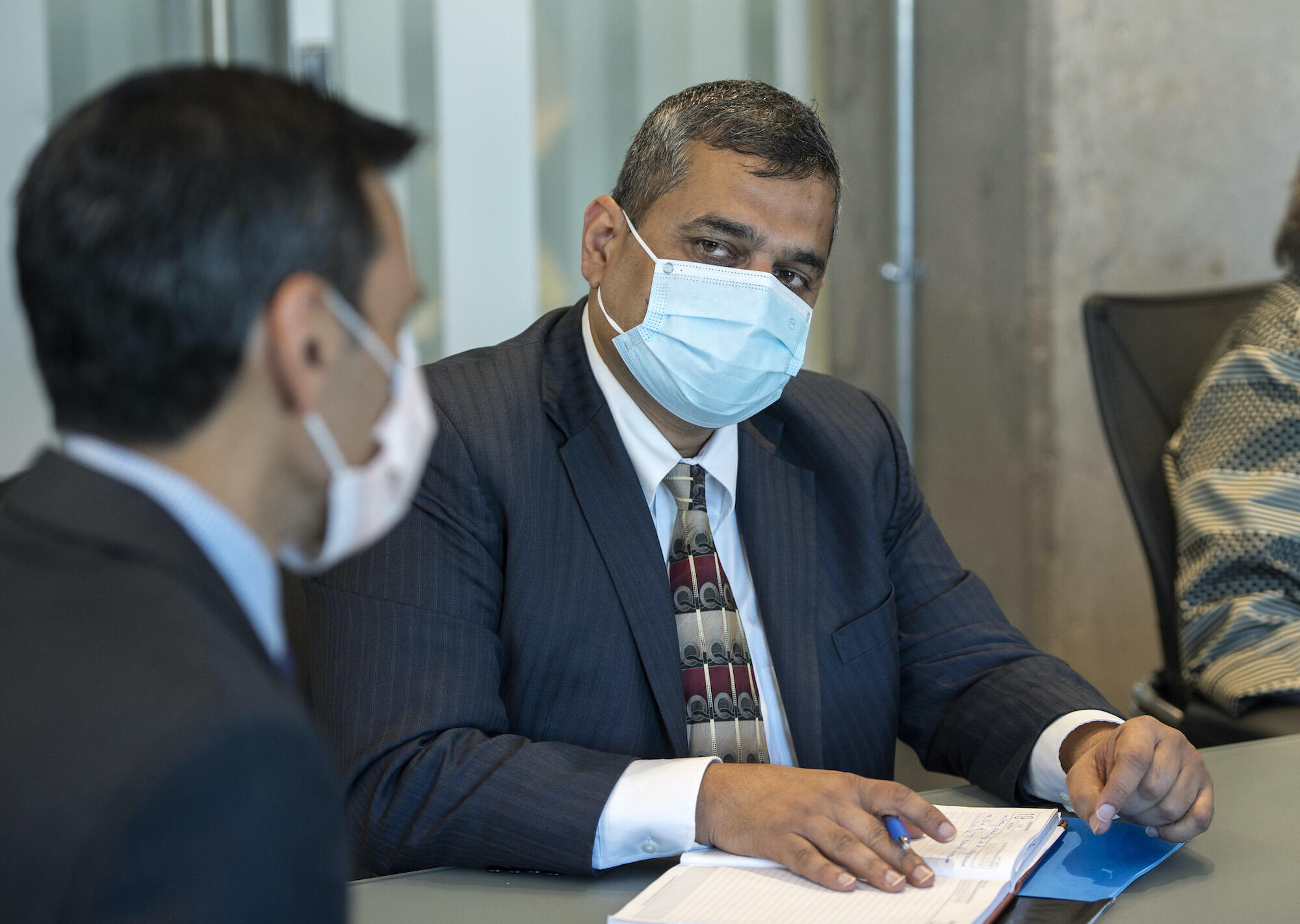 Anshul Sharma, from the Indian embassy in Washington, D.C., right, and VCU President Michael Rao.