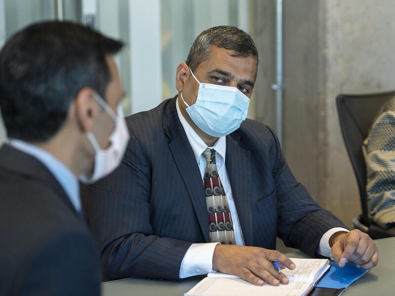 Anshul Sharma, from the Indian embassy in Washington, D.C., right, and VCU President Michael Rao.