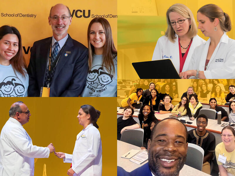 Four photos put together in a collage. The top left photo shows three people standing and smiling. The top photo on the right shows two women wearing white doctor's coats looking at a lap top. The bottom left photo shows a man and woman wearing white lab coats standing face to face with their ams extended in front of each other. The photo on the bottom right is a photo of a man taking a selfie with a large group of people sitting at tables behind him. 