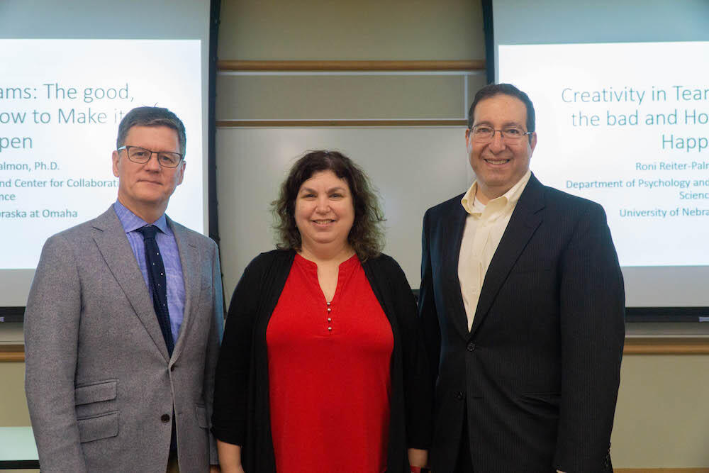 From left, S. Douglas Pugh, Ph.D., chair of the VCU Department of Management and Entrepreneurship; Roni Reiter-Palmon, Ph.D., Department of Psychology and Center for Collaboration Science, University of Nebraska at Omaha; Kenneth Kahn, senior associate dean, VCU School of Business. (Photo by Sarah Mekonnen, courtesy VCU School of Business)