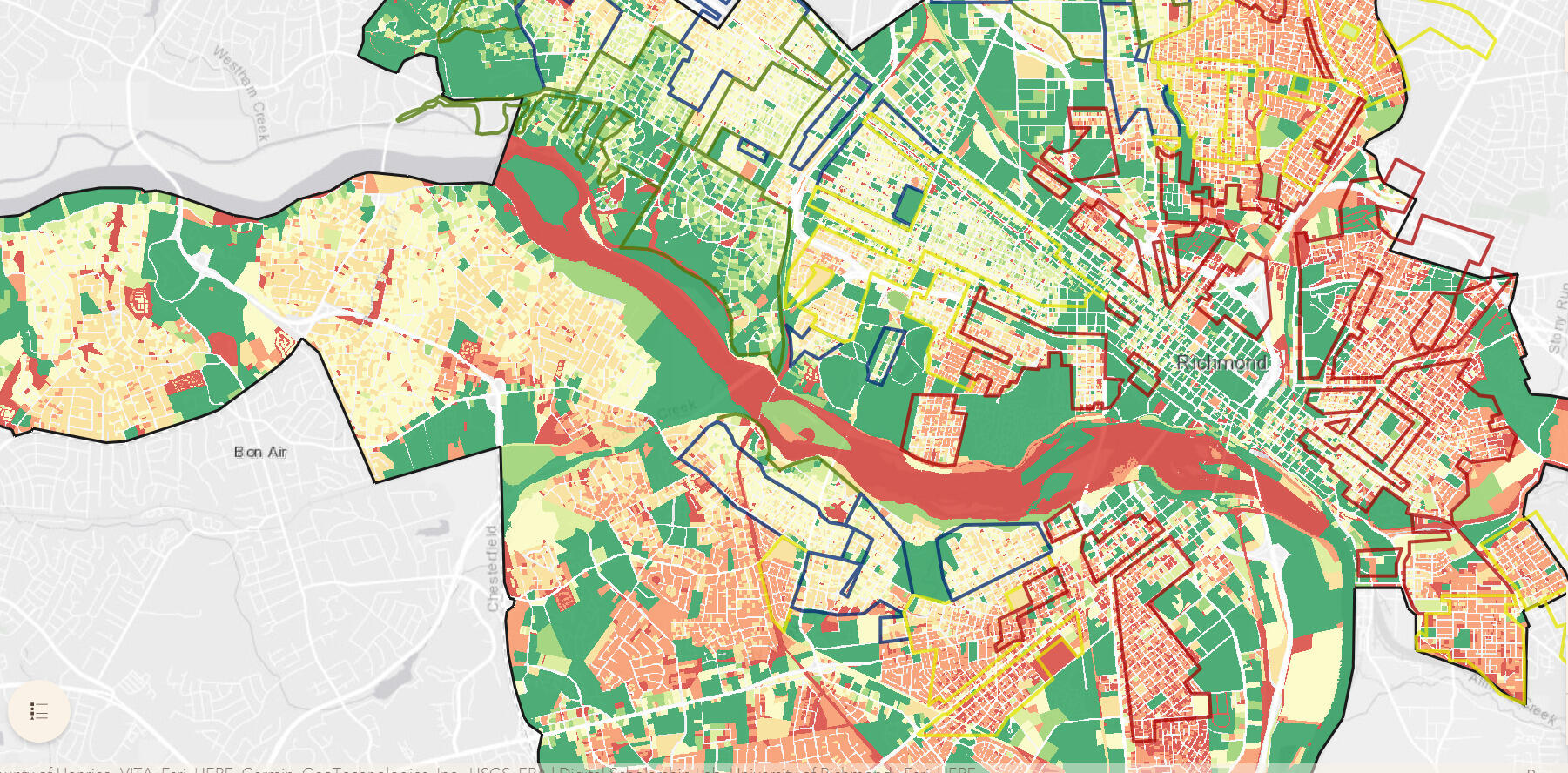A map of Richmond with areas color coded in red, yellow, and green. 