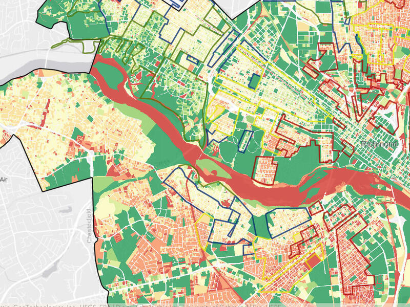 A map of Richmond with areas color coded in red, yellow, and green. 