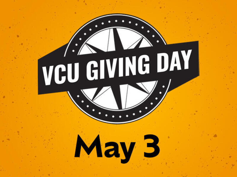 An image of a compass with a black banner over it. On the banner is white text that says \"VCU GIVING DAY\" and underneath the illustration is black text that reads \"MAY 3\" 