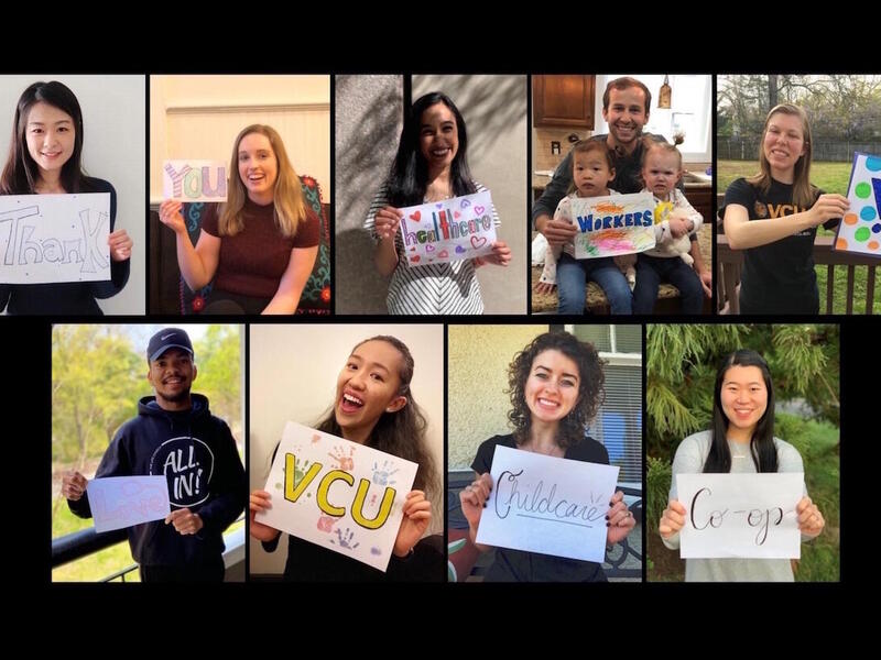 Portraits of nine people holding signs making up the statement \"Thank you healthcare workers! Love VCU Childcare Co-op.\"