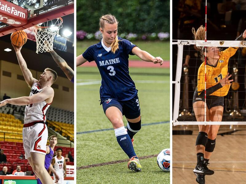 Three photos side by side. The first is a man playing basketball and blocking a ball from getting into a hoop. The second is a woman playing soccer, abolut to kick a ball. The third is a woman playing volley ball after hitting a ball. 