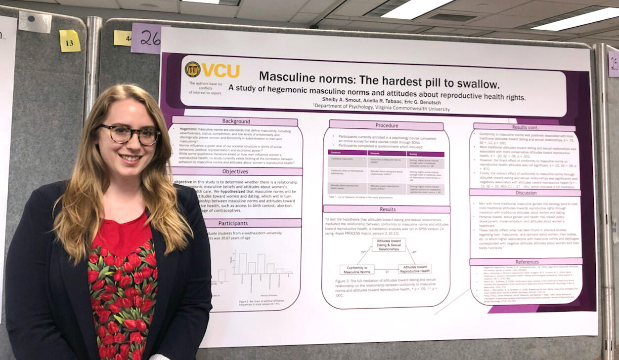 Psychology graduate student Shelby Smout presented results from her first public health research study at the 14th annual Women's Health Research Day. The study sought to assess the correlation between adhesion to masculine norms and traditional masculine and feminine gender ideologies, with men’s attitudes toward women's reproductive rights.