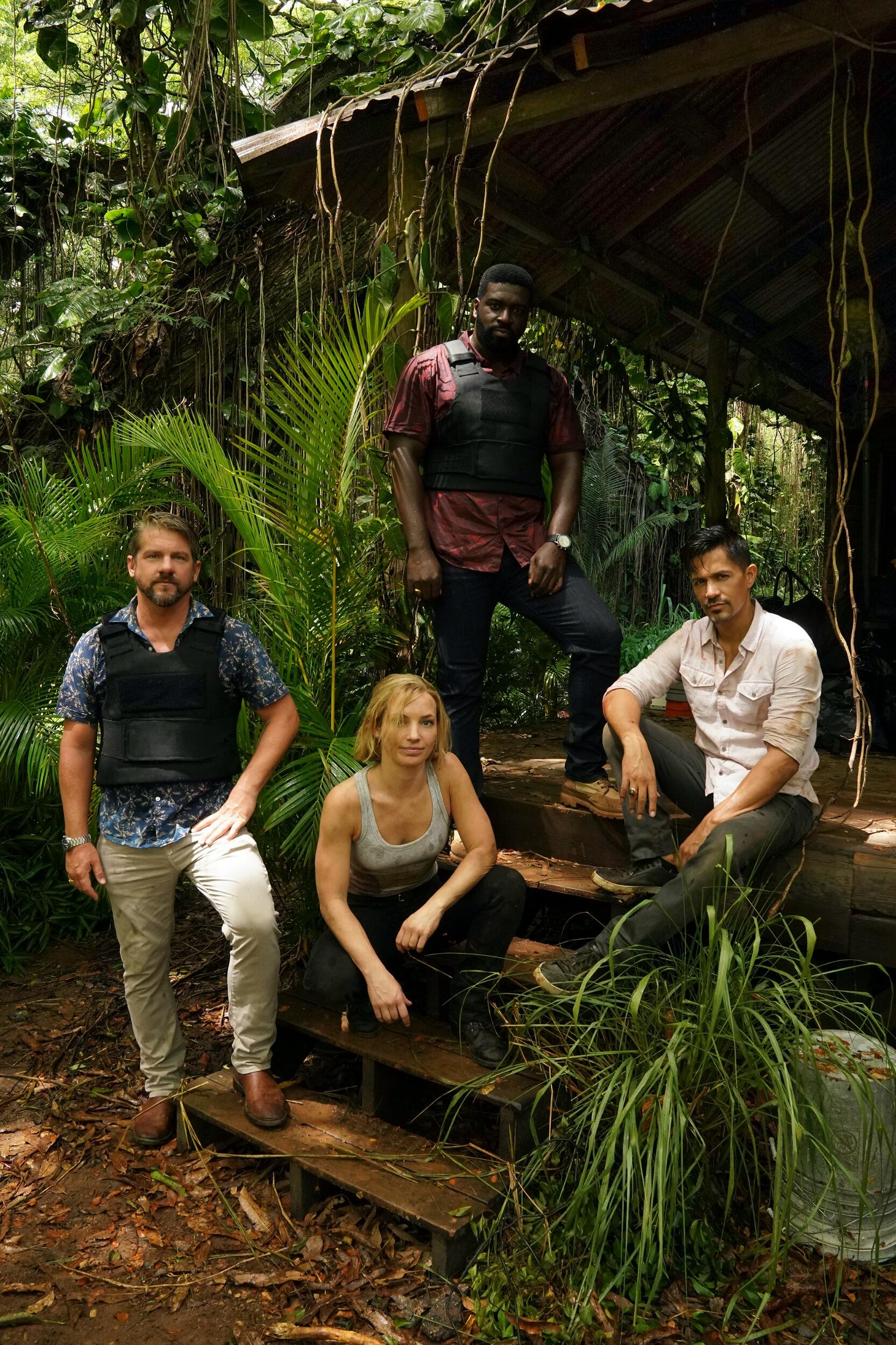 Zachary Knighton, Perdita Weeks (as Juliet Higgins), Stephen Hill (as TC) and Jay Hernandez (as Thomas Magnum) on the set of Magnum P.I.