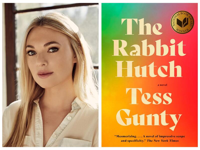 A portait of a woman next to a picture of abook cover with the text \"The Rabbit Hutch a novel Tess Gunty\"