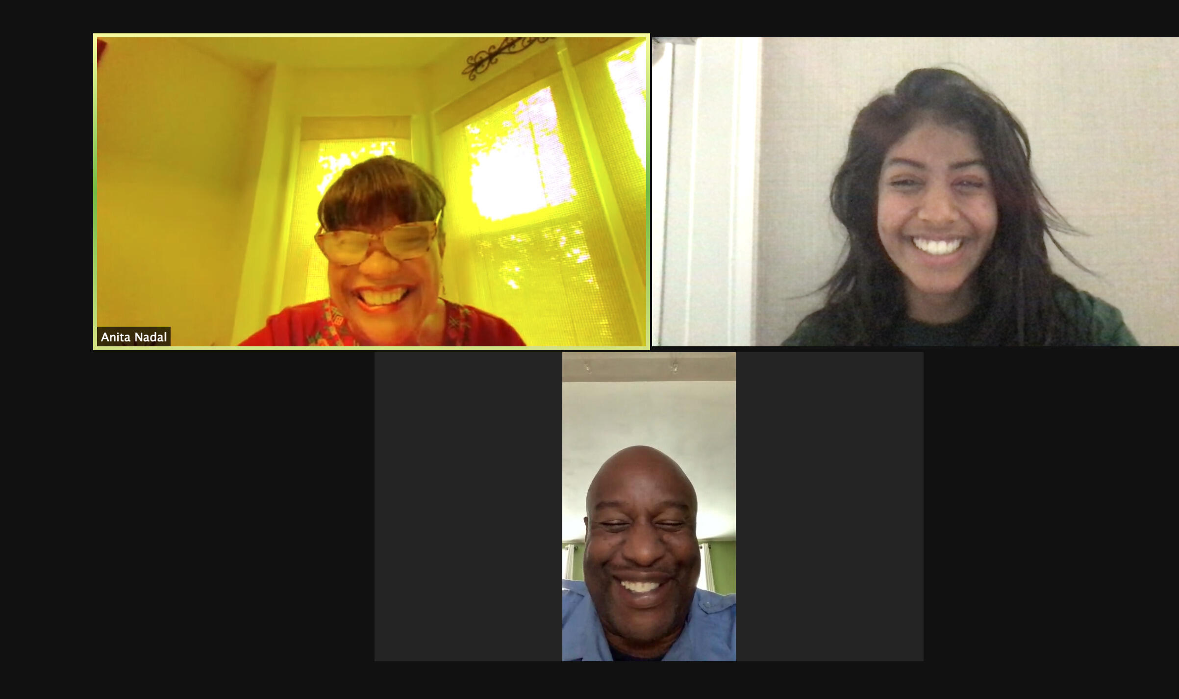  A zoom lesson with (clockwise from upper left) Anita Nadal, assistant professor in the School of World Studies; VCU student Abigail Andrade; and Jonathan Clarke of the Richmond Fire Department.