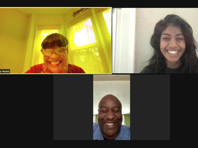  A zoom lesson with (clockwise from upper left) Anita Nadal, assistant professor in the School of World Studies; VCU student Abigail Andrade; and Jonathan Clarke of the Richmond Fire Department.