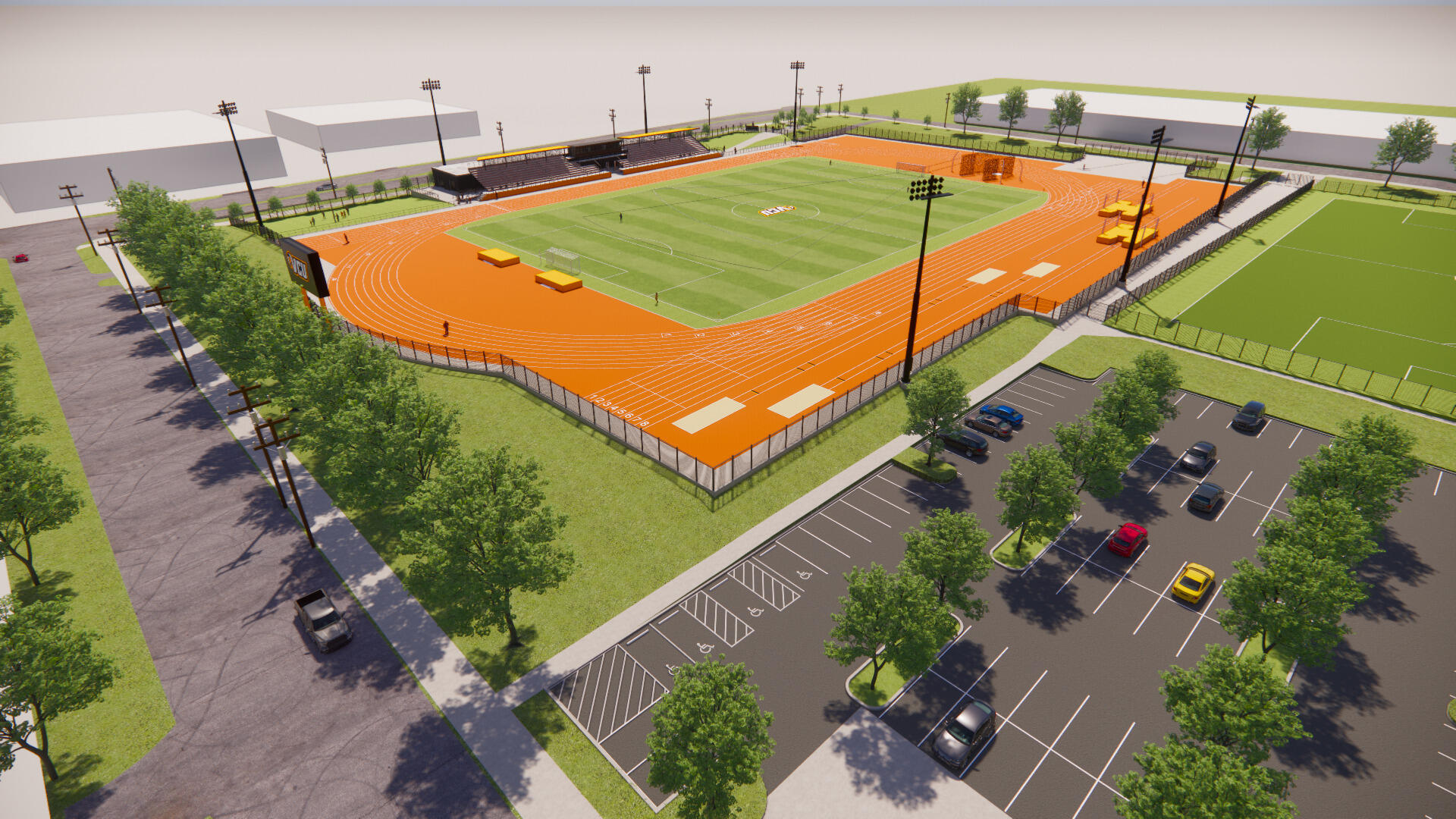 A 3D rendering of a sports field complex with a parking lot. 