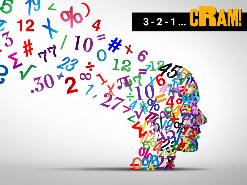 An illustraton of the side profile of a person's head make up of numbers and math symbols in different colors. Up in the top right corner is a black rectangle. White text on the rectangle says \"3 - 2 - 1 ...\" and yellow text says \"CRAM!\" 