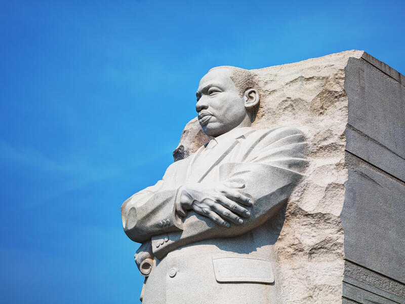 A photo of a statue of Dr. Martin Luther King Jr. 