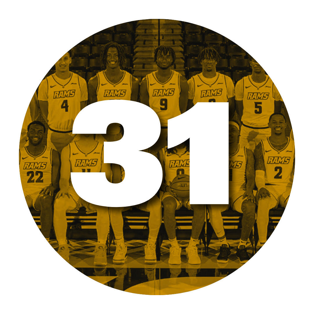 The number 31 overlaying a photo of the men's basketball team.