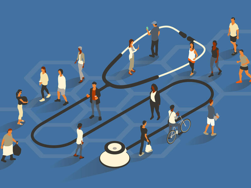 An illustration of 18 people walking and standing around a giant stethoscope.