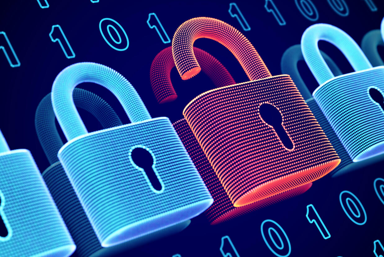 graphical illustration of cybersecurity, with a series of padlocks in a row with one unlocked