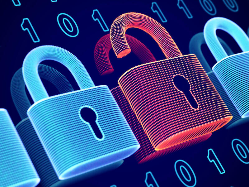 graphical illustration of cybersecurity, with a series of padlocks in a row with one unlocked