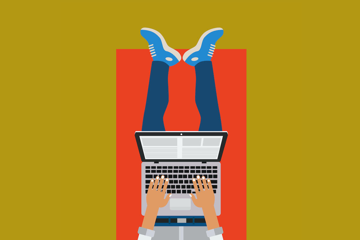 Drawing of a person using a laptop computer.