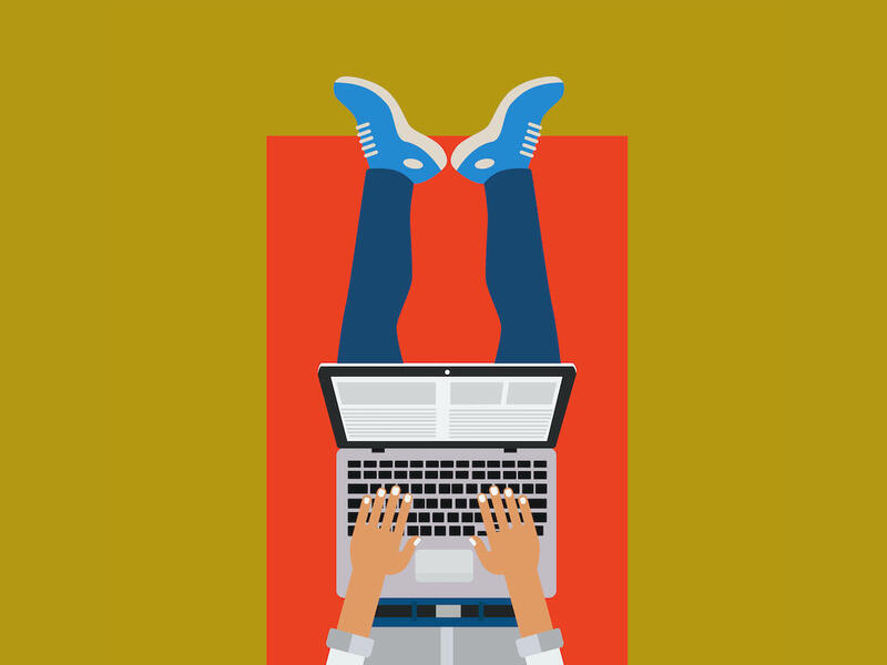 Drawing of a person using a laptop computer.