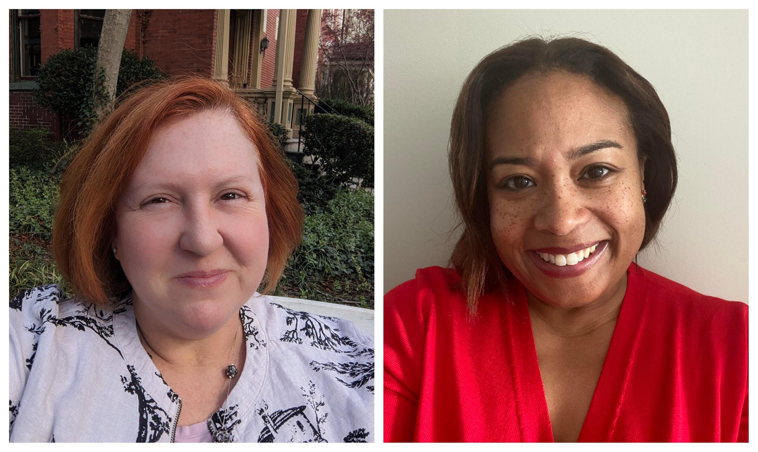 Two photos of women from the shoulders up next to each other. 