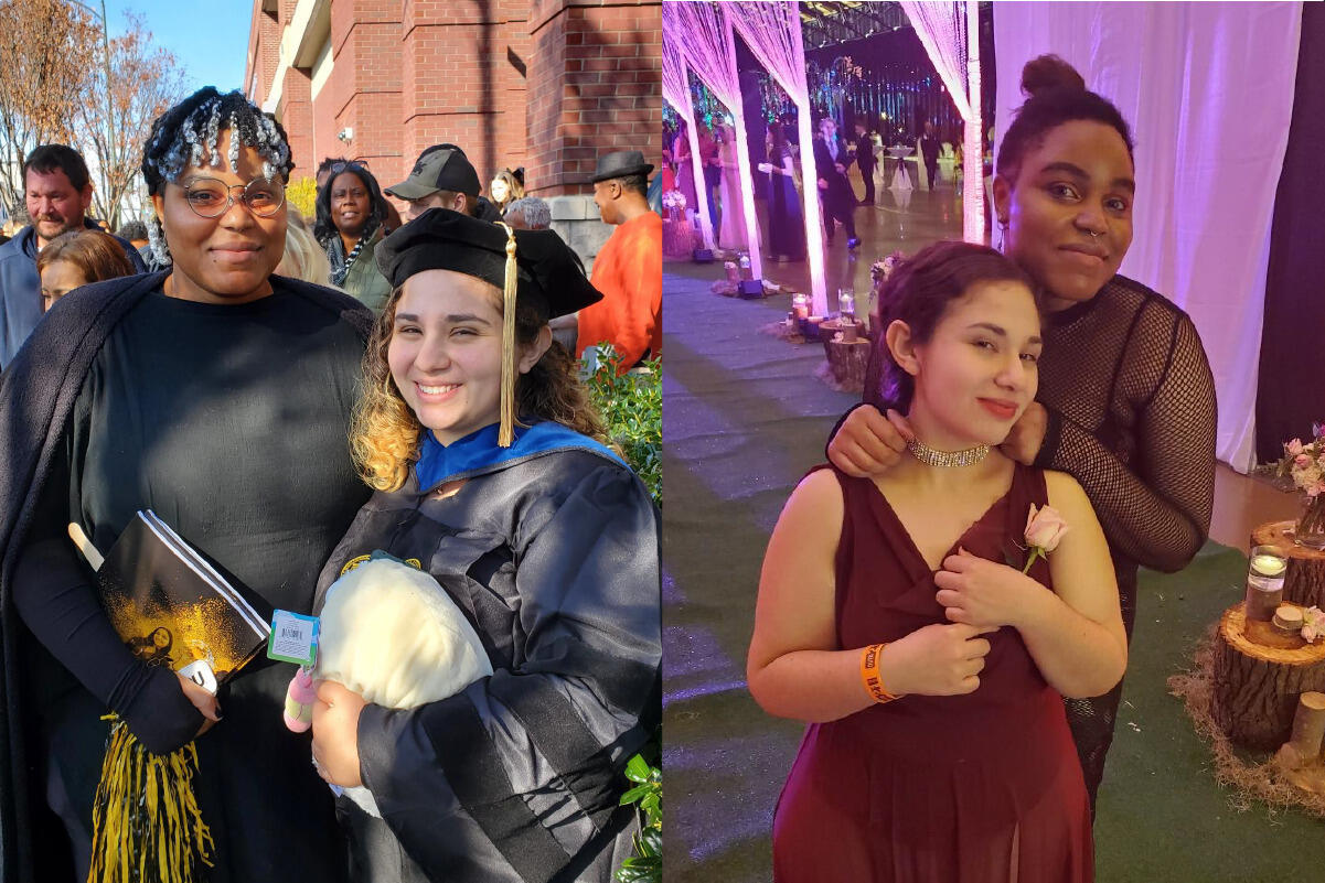 On the left is a photo of two women wearing graduation gowns. On the left is an image of two women wearing formal wear. 