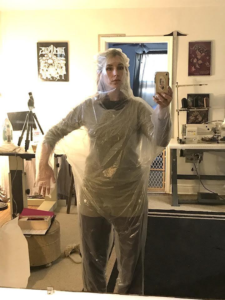 A person wearing a protective garment.