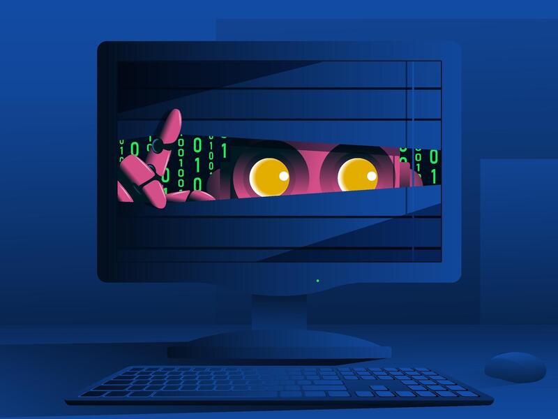 An illustgration of a computer monitor sitting on a desk. On the scereen is a robot who is peaking behind blinds. 
